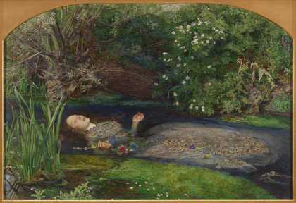 painting of Ophelia laying face upwards in a lake, wearing an embroidered dress and holding flowers