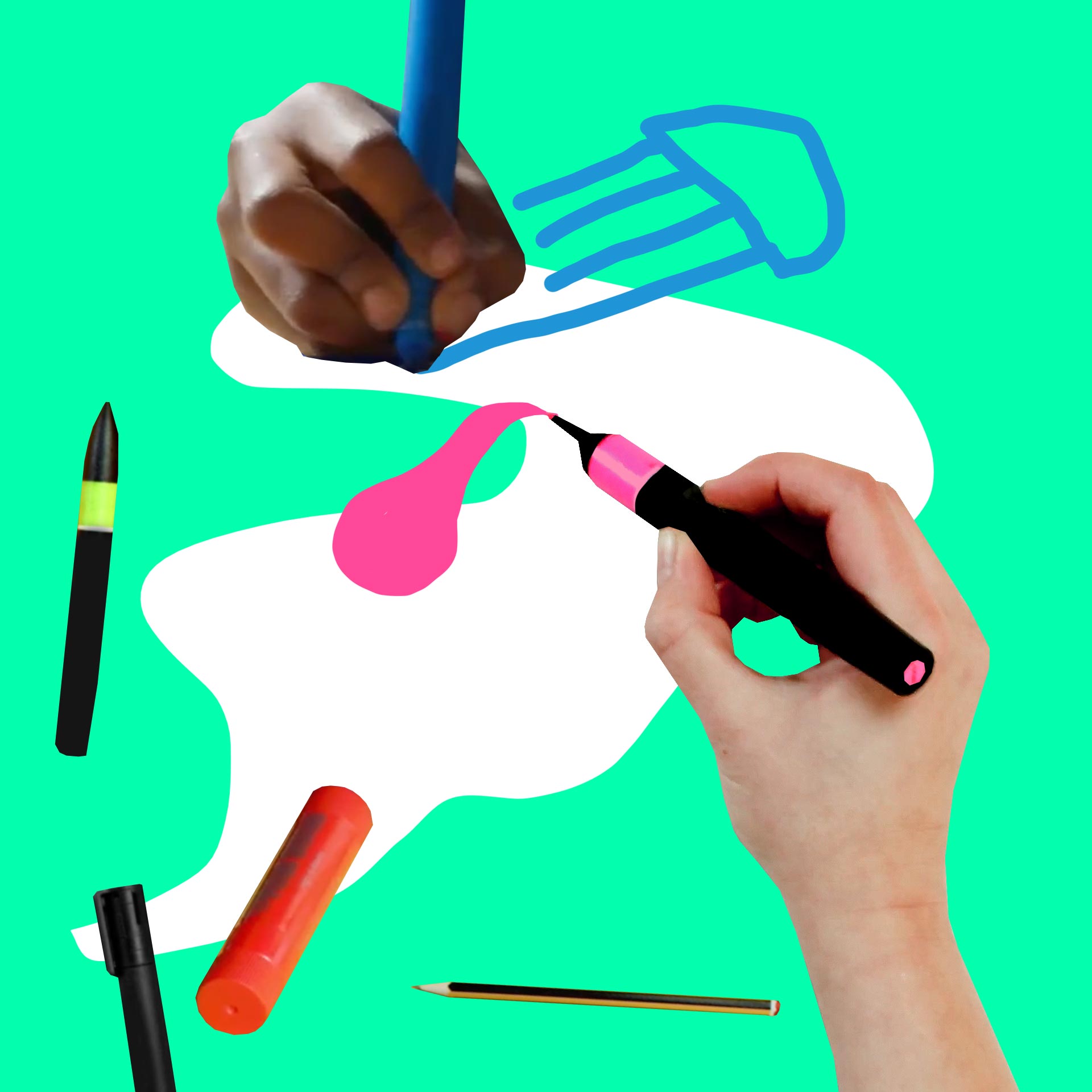 two hands draw doodles on a green background