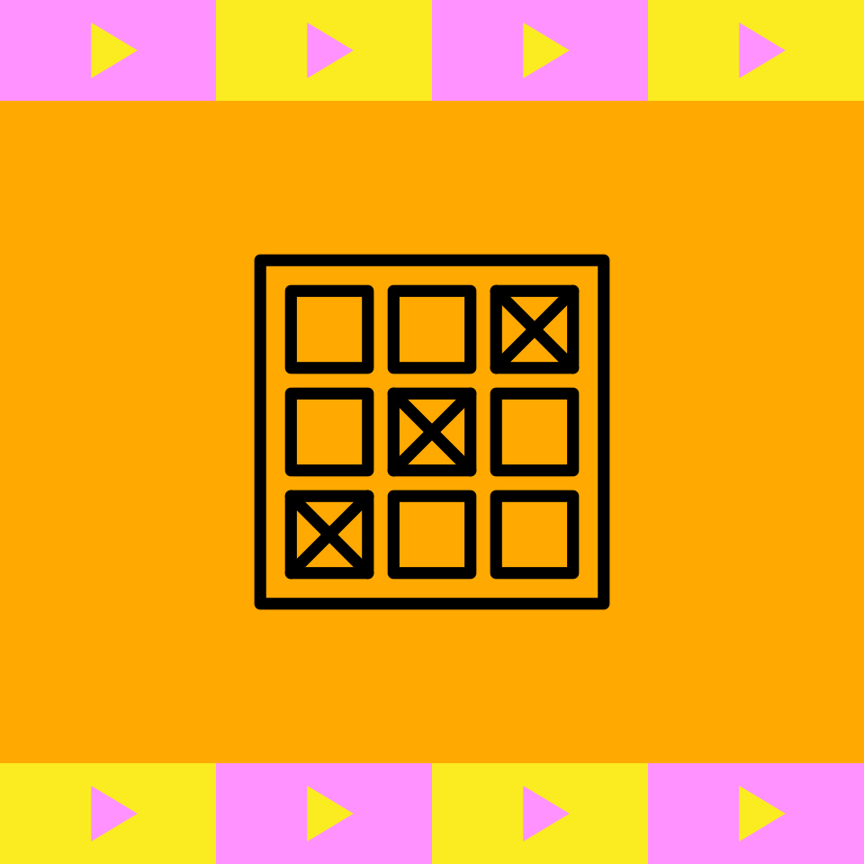 A bingo sheet with three crosses marked on it, with an orange background