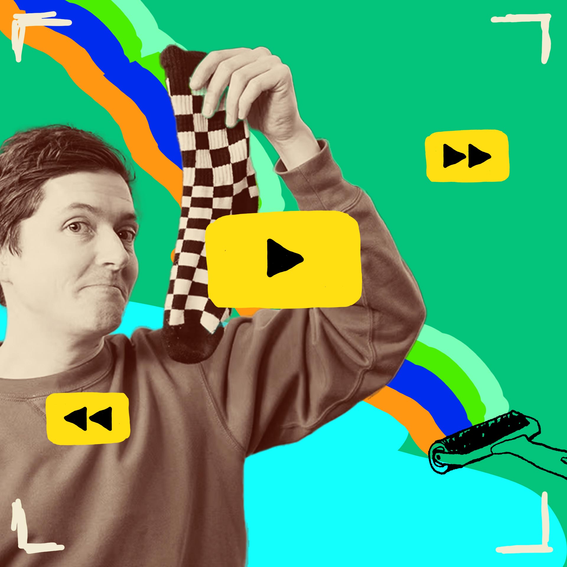 a white man with dark hair holds up a checkered sock, behind a play button on a colourful green background